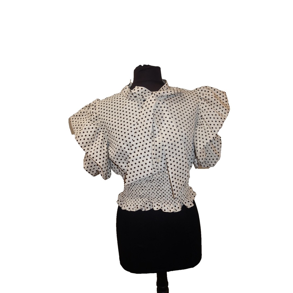 Rich & Famous Polka Dot Blouse L Ruffle Sleeve Smocked Waist Tie Neck Y2K
